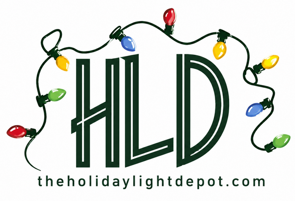 A digital graphic featuring the stylized letters 'HLD' in dark green, surrounded by a string of colorful Christmas lights (red, yellow, blue, green) on a white background, with the text 'theholidaylightdepot.com' written below.